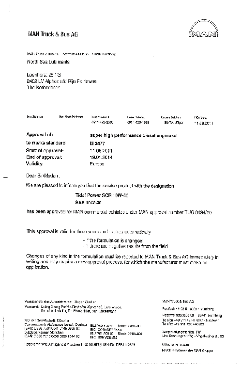 Моторное масло для MAN TIDAL POWER SCR 10W40 MAN